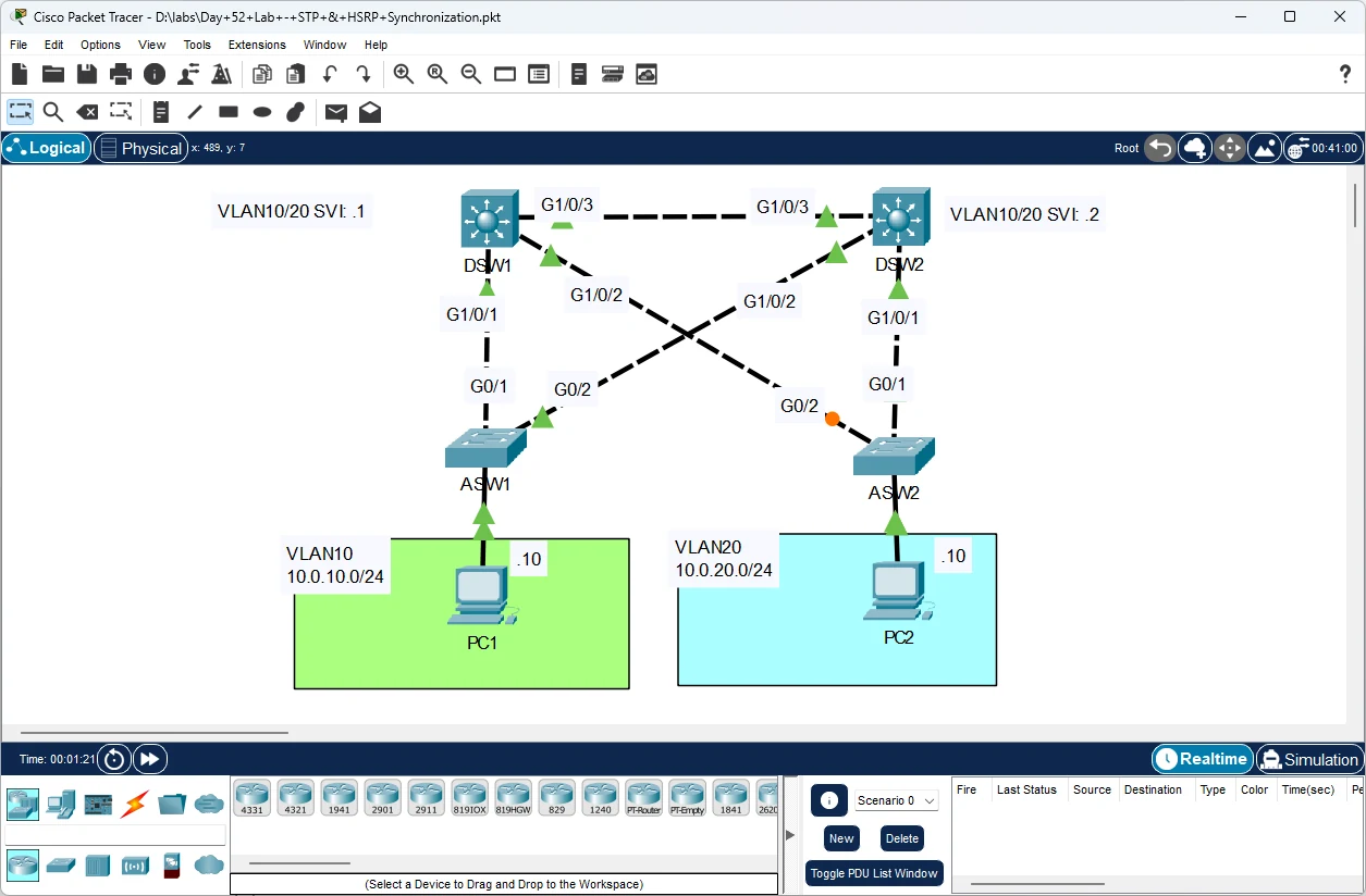 Cisco Packet Tracer network simulation workspace