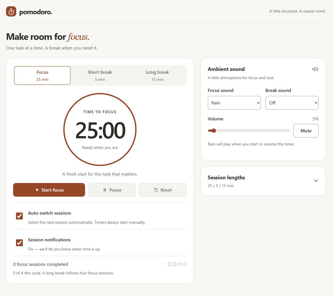 Live Pomodoro application showing a ready 25-minute focus timer, optional automatic session selection, notifications, ambient sound controls, and session length settings.